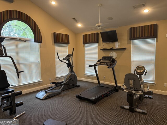 227 Fenwick Cir, Mcdonough, GA 30253 - exercise room featuring a ceiling fan, baseboards, lofted ceiling, and recessed lighting