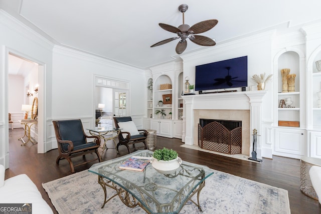 2005 Westbourne Way, Alpharetta, GA 30022 - living room with built in features, dark wood-type flooring, ceiling fan, ornamental molding, and a tile fireplace