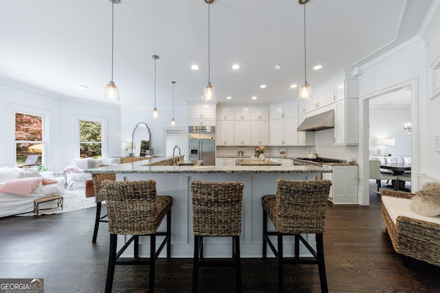 2005 Westbourne Way, Alpharetta, GA 30022 - kitchen featuring stainless steel appliances, under cabinet range hood, ornamental molding, white cabinetry, and tasteful backsplash