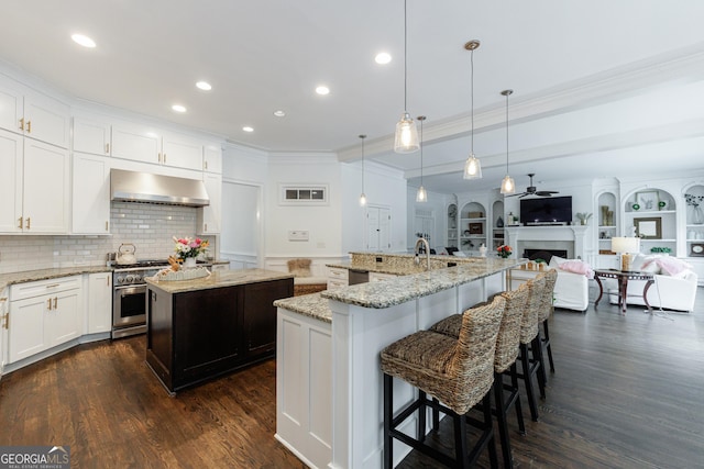 2005 Westbourne Way, Alpharetta, GA 30022 - kitchen with ventilation hood, stainless steel appliances, a spacious island, ornamental molding, and dark wood finished floors