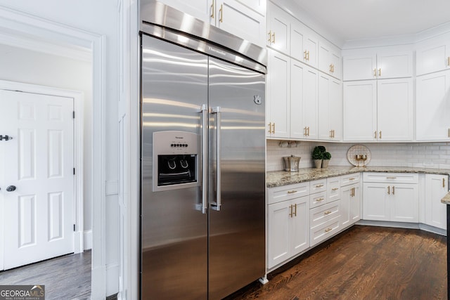 2005 Westbourne Way, Alpharetta, GA 30022 - kitchen with built in fridge, crown molding, backsplash, dark wood finished floors, and white cabinets