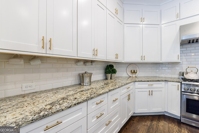 2005 Westbourne Way, Alpharetta, GA 30022 - kitchen featuring stainless steel gas range oven, white cabinets, and decorative backsplash