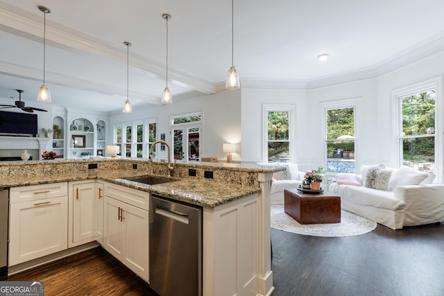 2005 Westbourne Way, Alpharetta, GA 30022 - kitchen featuring dishwasher, open floor plan, a sink, dark wood-style floors, and light stone countertops