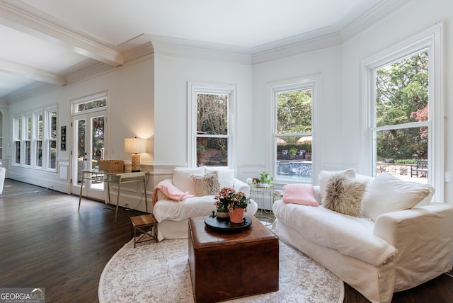 2005 Westbourne Way, Alpharetta, GA 30022 - living area with dark wood-style flooring, beam ceiling, crown molding, and french doors