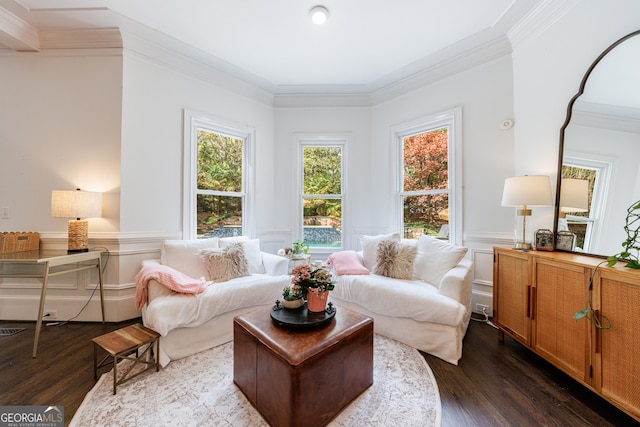 2005 Westbourne Way, Alpharetta, GA 30022 - living room featuring dark wood-style floors, ornamental molding, wainscoting, and a decorative wall