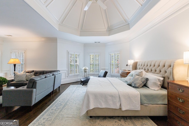 2005 Westbourne Way, Alpharetta, GA 30022 - bedroom featuring dark wood-style floors, crown molding, a decorative wall, and wainscoting