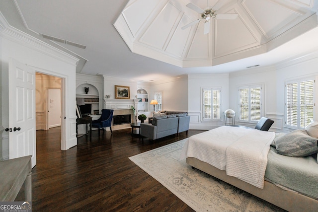2005 Westbourne Way, Alpharetta, GA 30022 - bedroom with a fireplace, dark wood finished floors, ornamental molding, and a decorative wall
