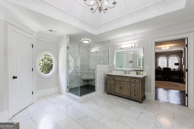 2005 Westbourne Way, Alpharetta, GA 30022 - ensuite bathroom with vanity, marble finish floors, ornamental molding, baseboards, and healthy amount of natural light
