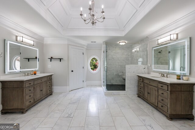 2005 Westbourne Way, Alpharetta, GA 30022 - full bathroom featuring healthy amount of natural light, a shower stall, two vanities, ornamental molding, and a chandelier