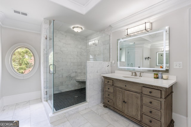 2005 Westbourne Way, Alpharetta, GA 30022 - full bathroom with crown molding, marble finish flooring, vanity, and a shower stall