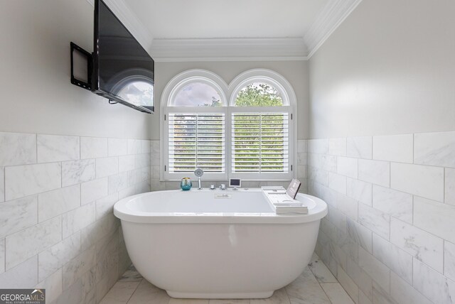 2005 Westbourne Way, Alpharetta, GA 30022 - full bath featuring tile walls, a freestanding tub, ornamental molding, and wainscoting