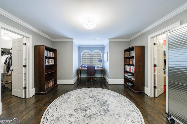 2005 Westbourne Way, Alpharetta, GA 30022 - office area with dark wood finished floors, baseboards, and crown molding