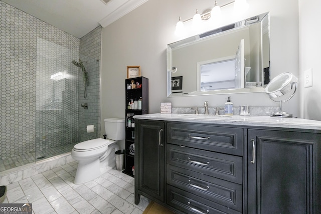 2005 Westbourne Way, Alpharetta, GA 30022 - full bath with a stall shower, toilet, vanity, marble look tiles, and crown molding