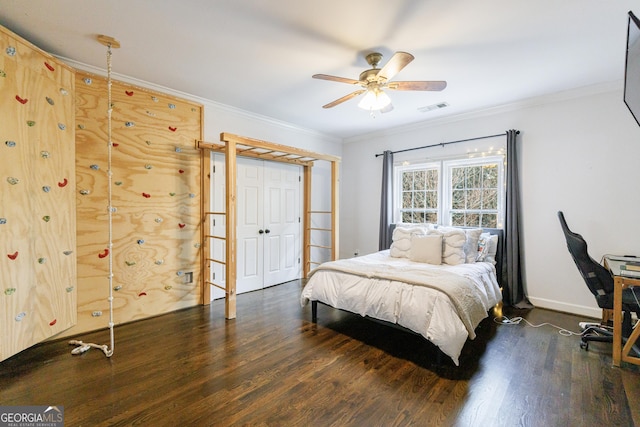2005 Westbourne Way, Alpharetta, GA 30022 - bedroom with wood finished floors, ornamental molding, baseboards, a ceiling fan, and a closet
