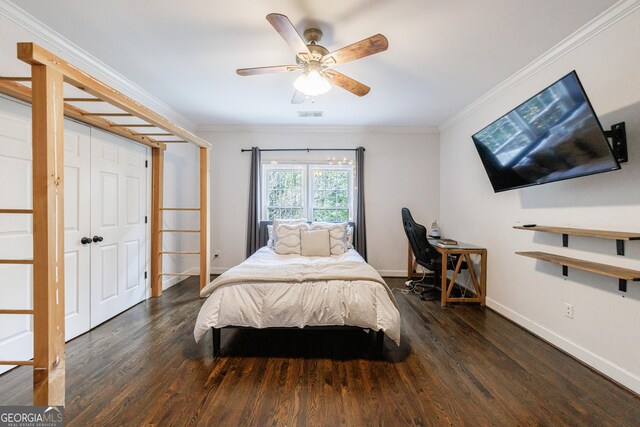 2005 Westbourne Way, Alpharetta, GA 30022 - bedroom featuring wood finished floors, ornamental molding, baseboards, and ceiling fan