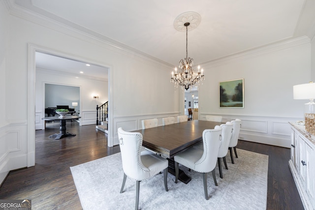 2005 Westbourne Way, Alpharetta, GA 30022 - dining area featuring stairway, ornamental molding, dark wood-type flooring, a chandelier, and a decorative wall