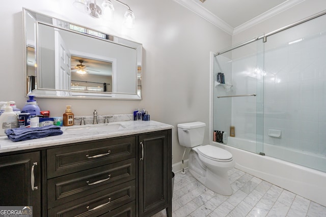 2005 Westbourne Way, Alpharetta, GA 30022 - full bathroom with ornamental molding, vanity, toilet, combined bath / shower with glass door, and marble look tile flooring