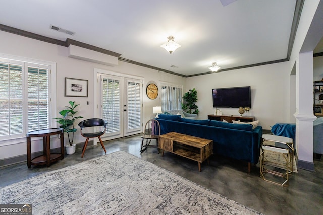 2005 Westbourne Way, Alpharetta, GA 30022 - living area featuring finished concrete floors, crown molding, plenty of natural light, french doors, and baseboards