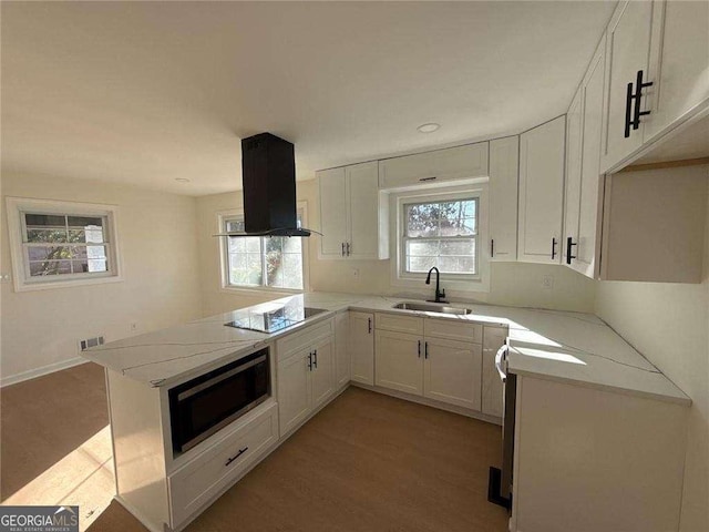 kitchen with a peninsula, stainless steel microwave, a sink, black electric stovetop, and extractor fan