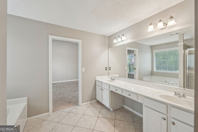 3936 Toccoa Falls Dr, Duluth, GA 30097 - bathroom with a garden tub, double vanity, tile patterned flooring, a shower stall, and a textured ceiling