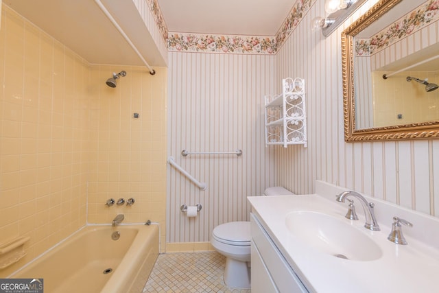 full bathroom with tile patterned flooring, shower / bathtub combination, wallpapered walls, and toilet