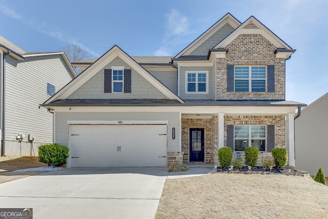 craftsman-style house featuring covered porch, stone siding, concrete driveway, a shingled roof, and a garage