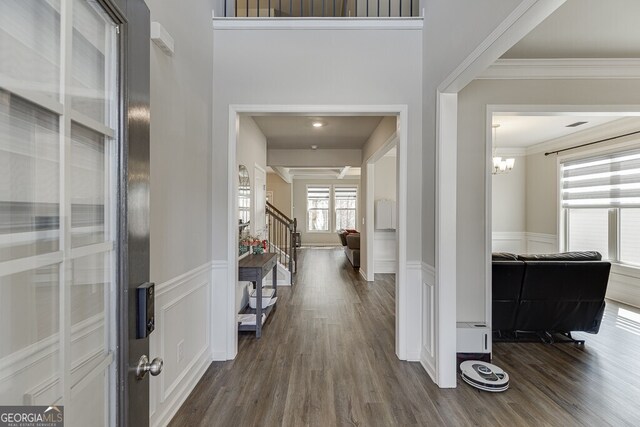 entrance foyer with stairway, an inviting chandelier, ornamental molding, dark wood finished floors, and wainscoting
