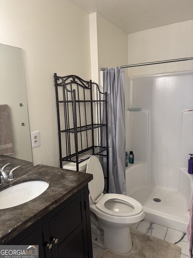 2791 Biscayne Dr, Conyers, GA 30012 - bathroom with a stall shower, marble finish floor, toilet, and vanity