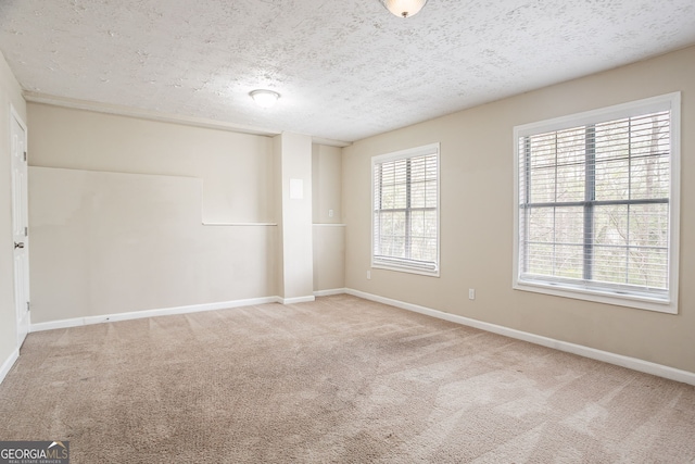 empty room with carpet floors, baseboards, and a textured ceiling
