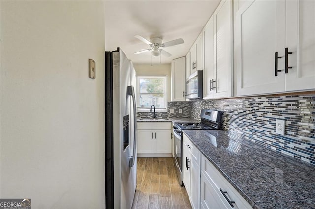 kitchen featuring decorative backsplash, a sink, light wood finished floors, a ceiling fan, and appliances with stainless steel finishes