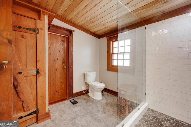1621 Daniells Bridge Rd, Athens, GA 30606 - bathroom with wood ceiling, a walk in shower, toilet, and baseboards