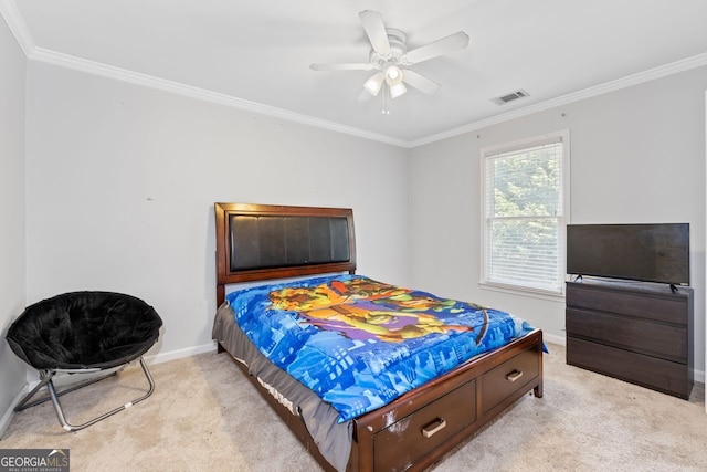 bedroom featuring light colored carpet, baseboards, ornamental molding, and visible vents