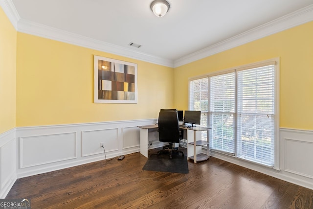 home office with wainscoting, visible vents, ornamental molding, and dark wood-style flooring