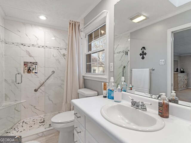 full bathroom with ornamental molding, a stall shower, toilet, vanity, and recessed lighting