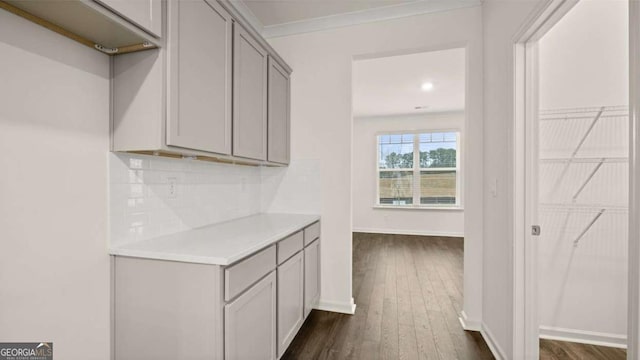 1099 Blue Juniper Cir, Loganville, GA 30052 - interior space with decorative backsplash, light countertops, gray cabinets, and dark wood-type flooring