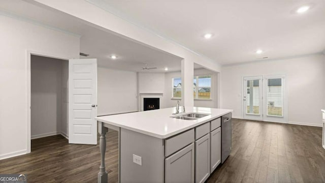 1099 Blue Juniper Cir, Loganville, GA 30052 - kitchen featuring a lit fireplace, a sink, stainless steel dishwasher, gray cabinetry, and open floor plan
