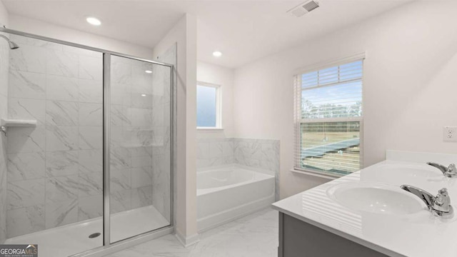 1099 Blue Juniper Cir, Loganville, GA 30052 - full bathroom with a marble finish shower, visible vents, a sink, and marble finish floor