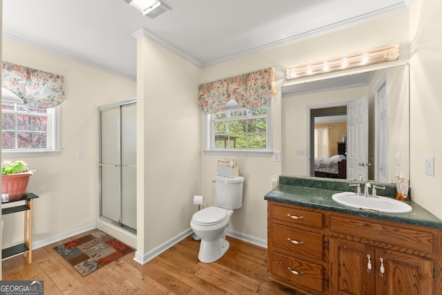 1595 Historic Old Highway 441, Clarkesville, GA 30523 - full bathroom featuring crown molding, vanity, a stall shower, connected bathroom, and wood finished floors