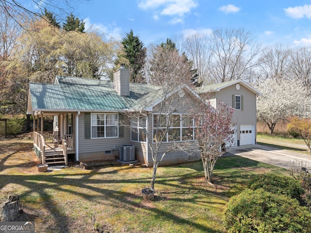 1595 Historic Old Highway 441, Clarkesville, GA 30523 - view of front of house with an attached garage, a porch, concrete driveway, crawl space, and a front lawn