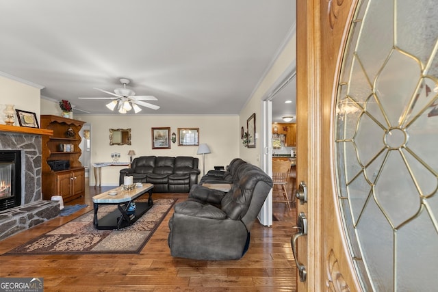 1595 Historic Old Highway 441, Clarkesville, GA 30523 - living area with ornamental molding, wood-type flooring, a ceiling fan, and a fireplace