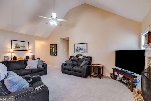 8166 N Pine Cone Dr, Villa Rica, GA 30180 - carpeted living area featuring baseboards, a fireplace, high vaulted ceiling, and a ceiling fan