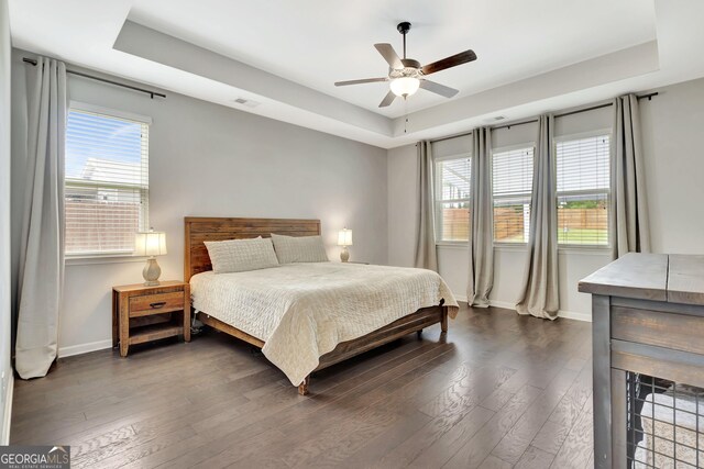 bedroom featuring visible vents, baseboards, multiple windows, dark wood-type flooring, and a tray ceiling