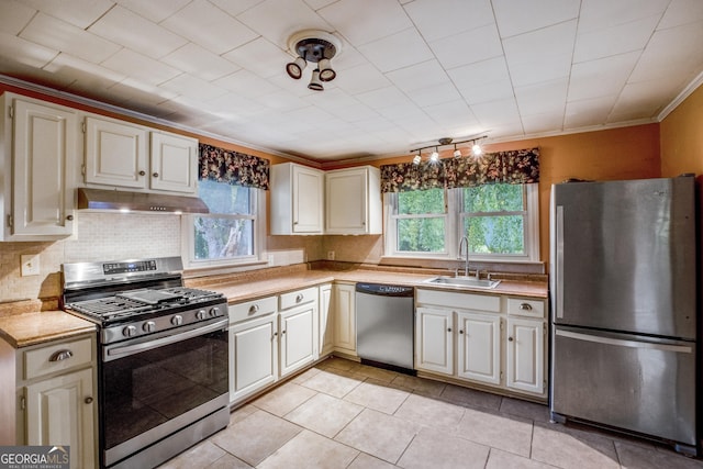 256 Black Rock Mountain Pkwy, Clayton, GA 30525 - kitchen featuring light countertops, ornamental molding, appliances with stainless steel finishes, under cabinet range hood, and a sink