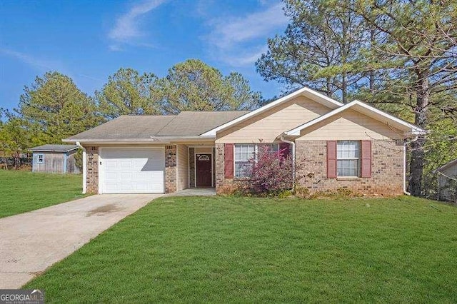 ranch-style home featuring a front lawn, an attached garage, brick siding, and concrete driveway