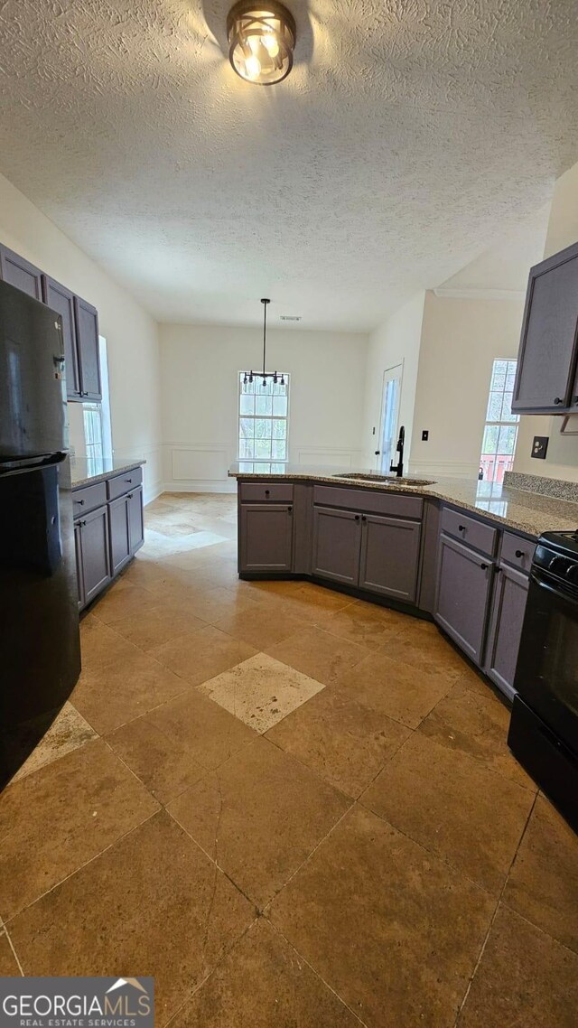 kitchen featuring black stove, gray cabinetry, a wealth of natural light, and a sink