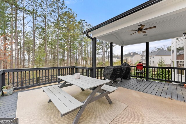 6635 Canyon Cv, Cumming, GA 30028 - wooden deck featuring outdoor dining space and ceiling fan