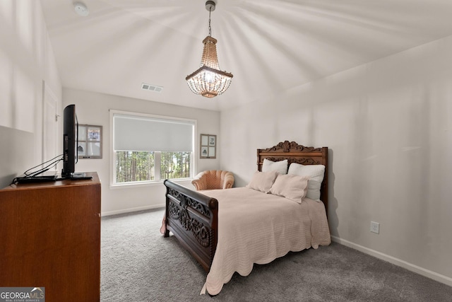 6635 Canyon Cv, Cumming, GA 30028 - carpeted bedroom with visible vents, baseboards, and an inviting chandelier