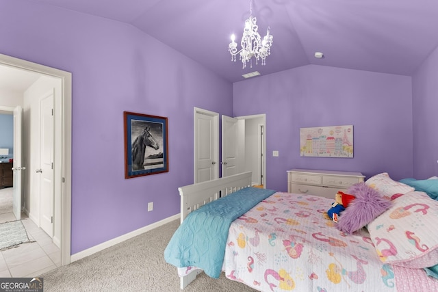 6635 Canyon Cv, Cumming, GA 30028 - bedroom with carpet, vaulted ceiling, a chandelier, and baseboards