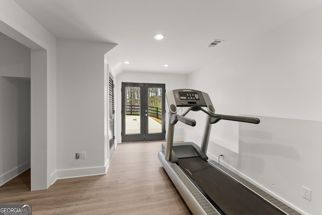 6635 Canyon Cv, Cumming, GA 30028 - exercise area featuring recessed lighting, wood finished floors, visible vents, french doors, and baseboards