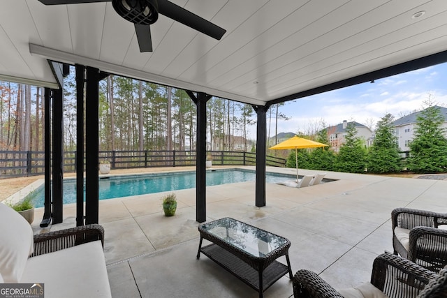 6635 Canyon Cv, Cumming, GA 30028 - pool with a patio area, a fenced backyard, and a ceiling fan
